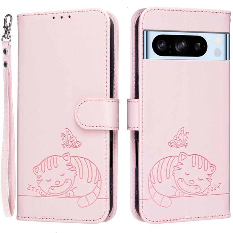 Cat Butterfly Embossed RFID Vegan Leather Phone Case with Strap, For Google Pixel 11 Pro XL, For Google Pixel 11 Pro, For Google Pixel 10a, For Google Pixel 10 Pro XL / 9 Pro XL, For Google Pixel 10 / 10 Pro / 9 Pro, For Google Pixel 9a                ...