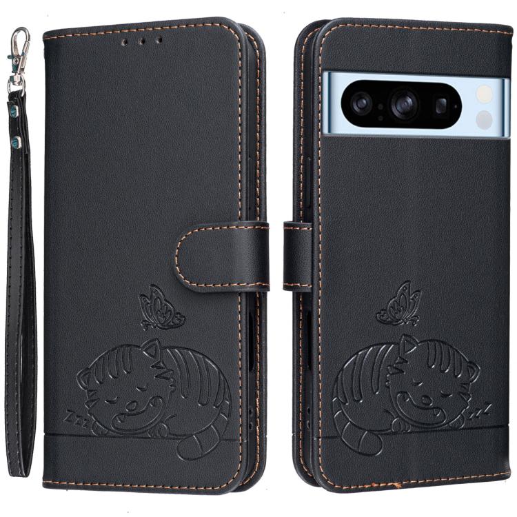 Cat Butterfly Embossed RFID Vegan Leather Phone Case with Strap, For Google Pixel 11 Pro XL, For Google Pixel 11 Pro, For Google Pixel 10a, For Google Pixel 10 Pro XL / 9 Pro XL, For Google Pixel 10 / 10 Pro / 9 Pro, For Google Pixel 9a                ...
