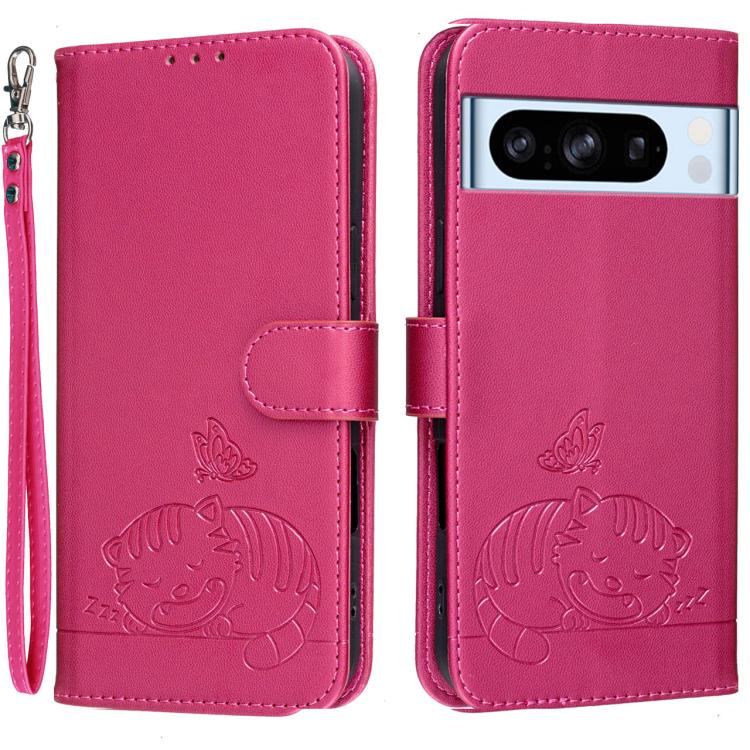 Cat Butterfly Embossed RFID Vegan Leather Phone Case with Strap, For Google Pixel 11 Pro XL, For Google Pixel 11 Pro, For Google Pixel 10a, For Google Pixel 10 Pro XL / 9 Pro XL, For Google Pixel 10 / 10 Pro / 9 Pro, For Google Pixel 9a                ...