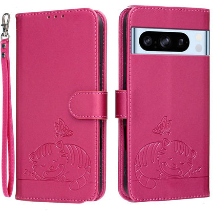 Cat Butterfly Embossed RFID Vegan Leather Phone Case with Strap, For Google Pixel 11 Pro XL, For Google Pixel 11 Pro, For Google Pixel 10a, For Google Pixel 10 Pro XL / 9 Pro XL, For Google Pixel 10 / 10 Pro / 9 Pro, For Google Pixel 9a                ...