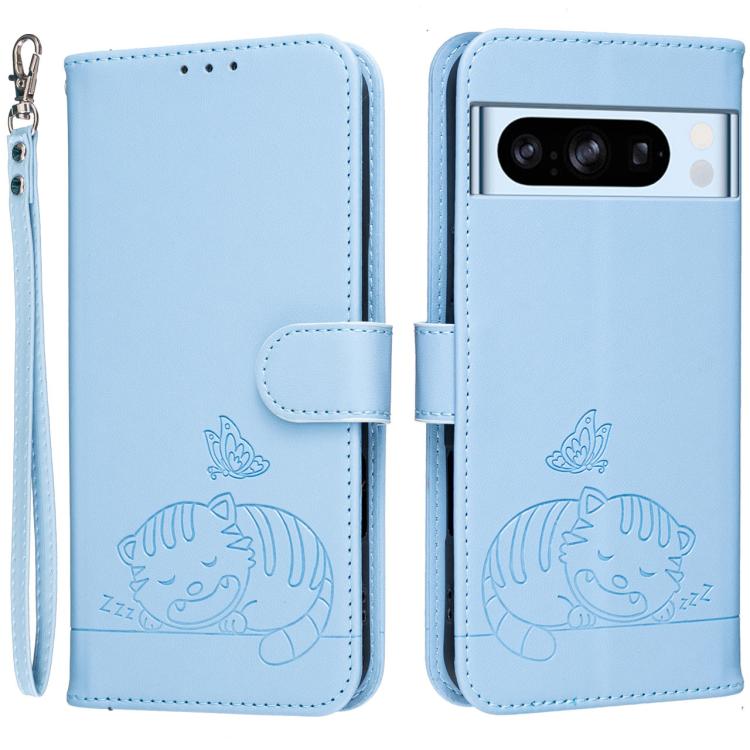 Cat Butterfly Embossed RFID Vegan Leather Phone Case with Strap, For Google Pixel 11 Pro XL, For Google Pixel 11 Pro, For Google Pixel 10a, For Google Pixel 10 Pro XL / 9 Pro XL, For Google Pixel 10 / 10 Pro / 9 Pro, For Google Pixel 9a                ...