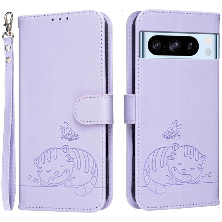 Cat Butterfly Embossed RFID Vegan Leather Phone Case with Strap, For Google Pixel 11 Pro XL, For Google Pixel 11 Pro, For Google Pixel 10a, For Google Pixel 10 Pro XL / 9 Pro XL, For Google Pixel 10 / 10 Pro / 9 Pro, For Google Pixel 9a                ...