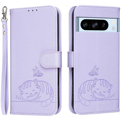 Cat Butterfly Embossed RFID Vegan Leather Phone Case with Strap, For Google Pixel 11 Pro XL, For Google Pixel 11 Pro, For Google Pixel 10a, For Google Pixel 10 Pro XL / 9 Pro XL, For Google Pixel 10 / 10 Pro / 9 Pro, For Google Pixel 9a                ...