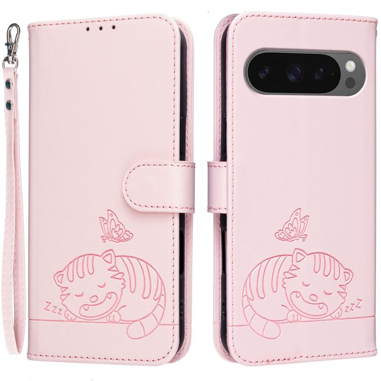 Cat Butterfly Embossed RFID Vegan Leather Phone Case with Strap, For Google Pixel 11 Pro XL, For Google Pixel 11 Pro, For Google Pixel 10a, For Google Pixel 10 Pro XL / 9 Pro XL, For Google Pixel 10 / 10 Pro / 9 Pro, For Google Pixel 9a                ...