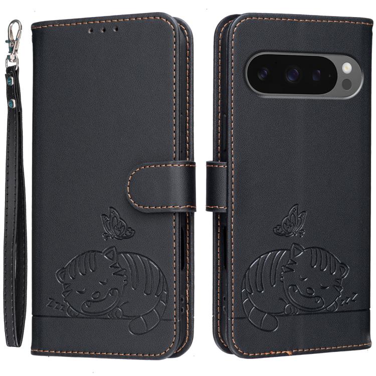 Cat Butterfly Embossed RFID Vegan Leather Phone Case with Strap, For Google Pixel 11 Pro XL, For Google Pixel 11 Pro, For Google Pixel 10a, For Google Pixel 10 Pro XL / 9 Pro XL, For Google Pixel 10 / 10 Pro / 9 Pro, For Google Pixel 9a                ...
