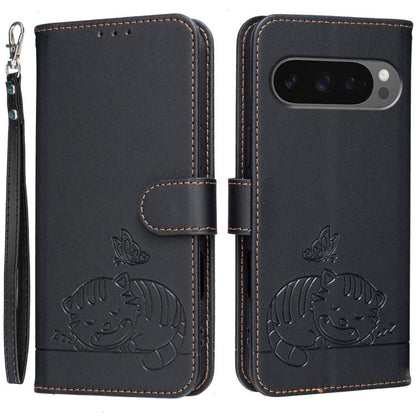 Cat Butterfly Embossed RFID Vegan Leather Phone Case with Strap, For Google Pixel 11 Pro XL, For Google Pixel 11 Pro, For Google Pixel 10a, For Google Pixel 10 Pro XL / 9 Pro XL, For Google Pixel 10 / 10 Pro / 9 Pro, For Google Pixel 9a                ...