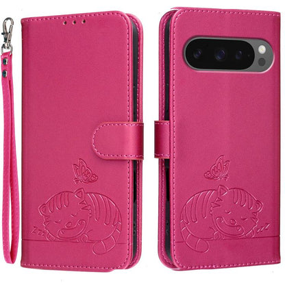 Cat Butterfly Embossed RFID Vegan Leather Phone Case with Strap, For Google Pixel 11 Pro XL, For Google Pixel 11 Pro, For Google Pixel 10a, For Google Pixel 10 Pro XL / 9 Pro XL, For Google Pixel 10 / 10 Pro / 9 Pro, For Google Pixel 9a                ...