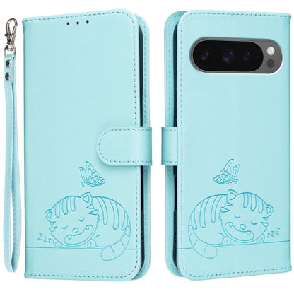 Cat Butterfly Embossed RFID Vegan Leather Phone Case with Strap, For Google Pixel 11 Pro XL, For Google Pixel 11 Pro, For Google Pixel 10a, For Google Pixel 10 Pro XL / 9 Pro XL, For Google Pixel 10 / 10 Pro / 9 Pro, For Google Pixel 9a                ...