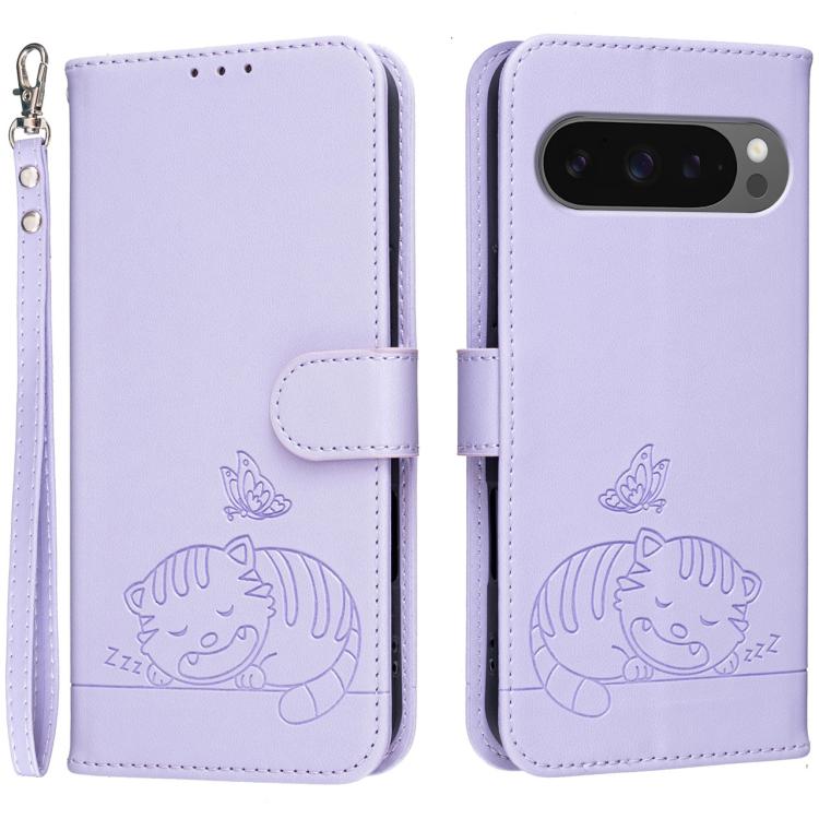 Cat Butterfly Embossed RFID Vegan Leather Phone Case with Strap, For Google Pixel 11 Pro XL, For Google Pixel 11 Pro, For Google Pixel 10a, For Google Pixel 10 Pro XL / 9 Pro XL, For Google Pixel 10 / 10 Pro / 9 Pro, For Google Pixel 9a                ...