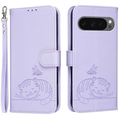 Cat Butterfly Embossed RFID Vegan Leather Phone Case with Strap, For Google Pixel 11 Pro XL, For Google Pixel 11 Pro, For Google Pixel 10a, For Google Pixel 10 Pro XL / 9 Pro XL, For Google Pixel 10 / 10 Pro / 9 Pro, For Google Pixel 9a                ...