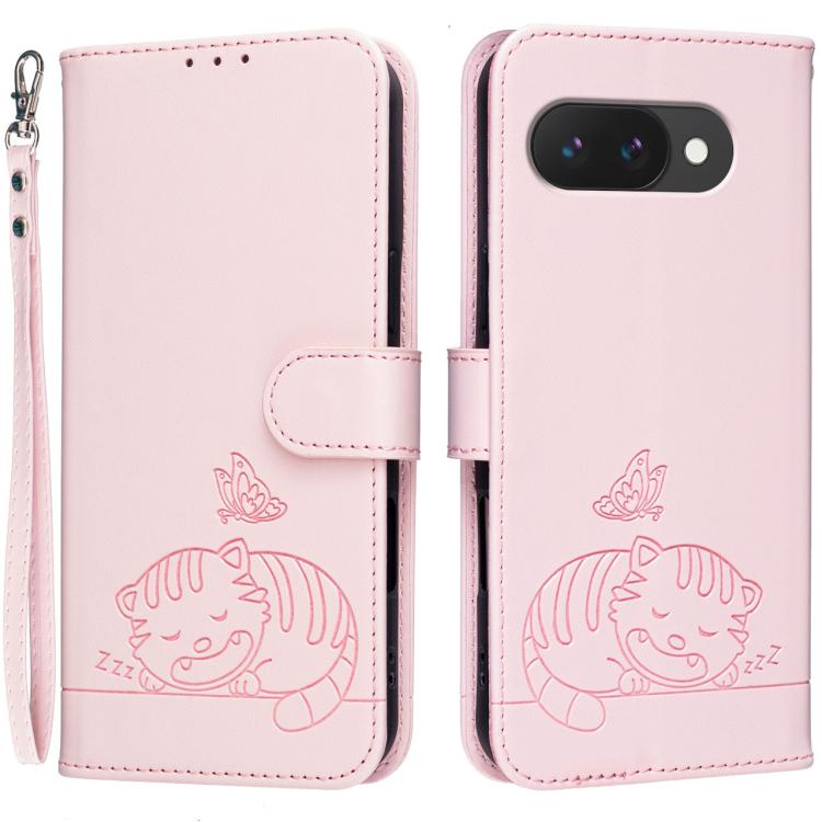 Cat Butterfly Embossed RFID Vegan Leather Phone Case with Strap, For Google Pixel 11 Pro XL, For Google Pixel 11 Pro, For Google Pixel 10a, For Google Pixel 10 Pro XL / 9 Pro XL, For Google Pixel 10 / 10 Pro / 9 Pro, For Google Pixel 9a                ...
