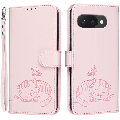 Cat Butterfly Embossed RFID Vegan Leather Phone Case with Strap, For Google Pixel 11 Pro XL, For Google Pixel 11 Pro, For Google Pixel 10a, For Google Pixel 10 Pro XL / 9 Pro XL, For Google Pixel 10 / 10 Pro / 9 Pro, For Google Pixel 9a                ...