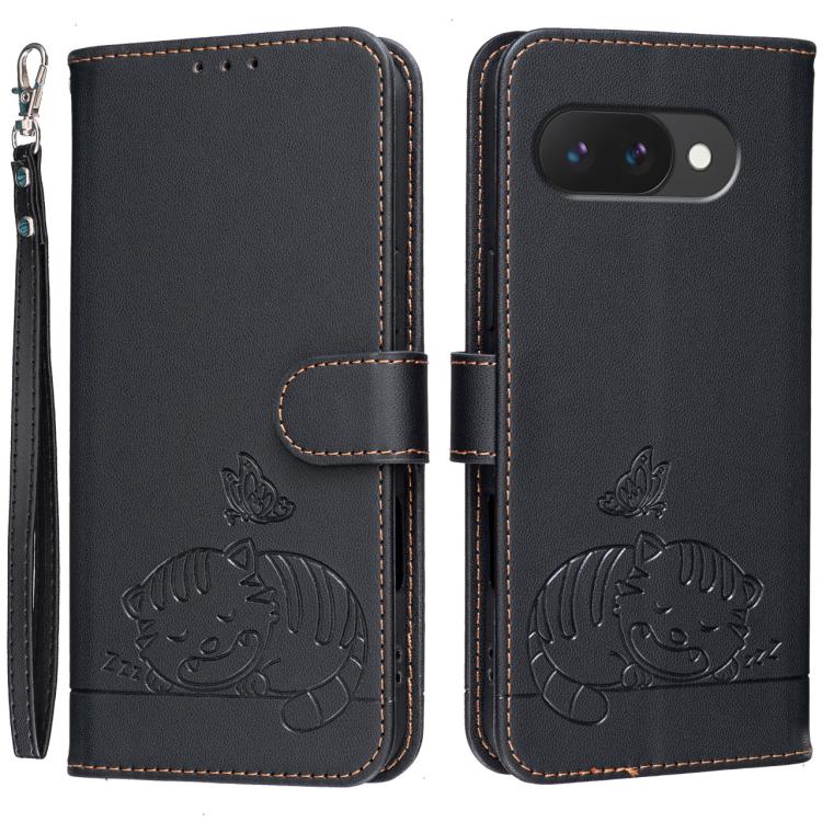Cat Butterfly Embossed RFID Vegan Leather Phone Case with Strap, For Google Pixel 11 Pro XL, For Google Pixel 11 Pro, For Google Pixel 10a, For Google Pixel 10 Pro XL / 9 Pro XL, For Google Pixel 10 / 10 Pro / 9 Pro, For Google Pixel 9a                ...