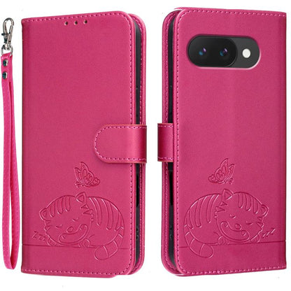Cat Butterfly Embossed RFID Vegan Leather Phone Case with Strap, For Google Pixel 11 Pro XL, For Google Pixel 11 Pro, For Google Pixel 10a, For Google Pixel 10 Pro XL / 9 Pro XL, For Google Pixel 10 / 10 Pro / 9 Pro, For Google Pixel 9a                ...