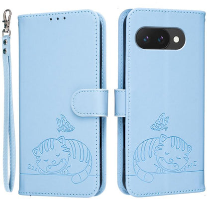 Cat Butterfly Embossed RFID Vegan Leather Phone Case with Strap, For Google Pixel 11 Pro XL, For Google Pixel 11 Pro, For Google Pixel 10a, For Google Pixel 10 Pro XL / 9 Pro XL, For Google Pixel 10 / 10 Pro / 9 Pro, For Google Pixel 9a                ...