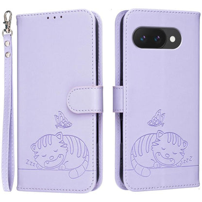 Cat Butterfly Embossed RFID Vegan Leather Phone Case with Strap, For Google Pixel 11 Pro XL, For Google Pixel 11 Pro, For Google Pixel 10a, For Google Pixel 10 Pro XL / 9 Pro XL, For Google Pixel 10 / 10 Pro / 9 Pro, For Google Pixel 9a                ...