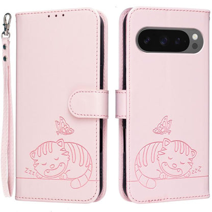Cat Butterfly Embossed RFID Vegan Leather Phone Case with Strap, For Google Pixel 11 Pro XL, For Google Pixel 11 Pro, For Google Pixel 10a, For Google Pixel 10 Pro XL / 9 Pro XL, For Google Pixel 10 / 10 Pro / 9 Pro, For Google Pixel 9a                ...