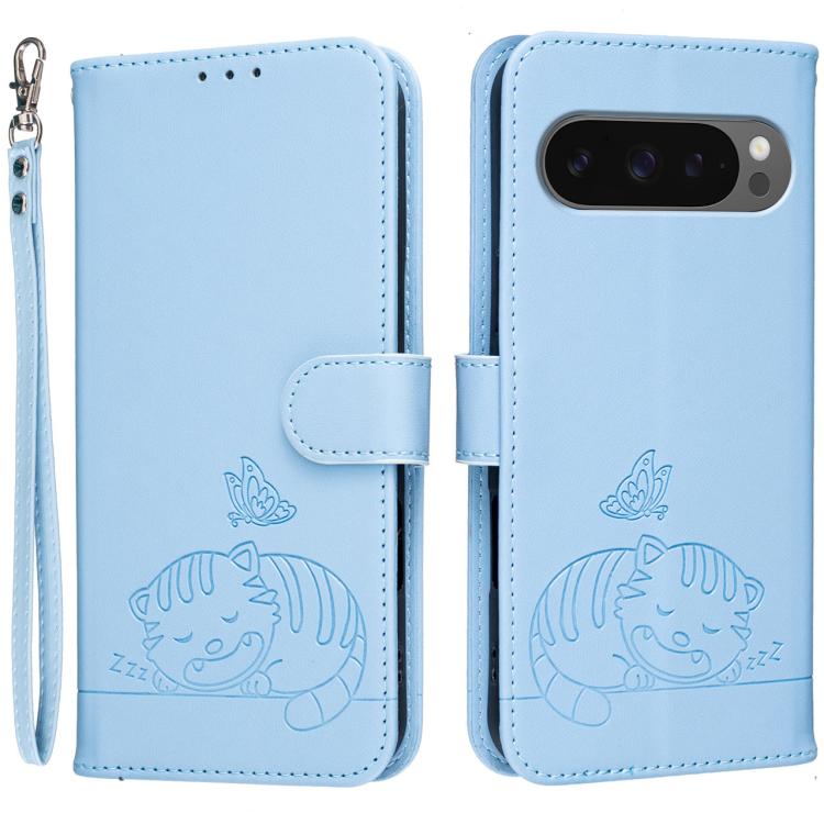 Cat Butterfly Embossed RFID Vegan Leather Phone Case with Strap, For Google Pixel 11 Pro XL, For Google Pixel 11 Pro, For Google Pixel 10a, For Google Pixel 10 Pro XL / 9 Pro XL, For Google Pixel 10 / 10 Pro / 9 Pro, For Google Pixel 9a                ...