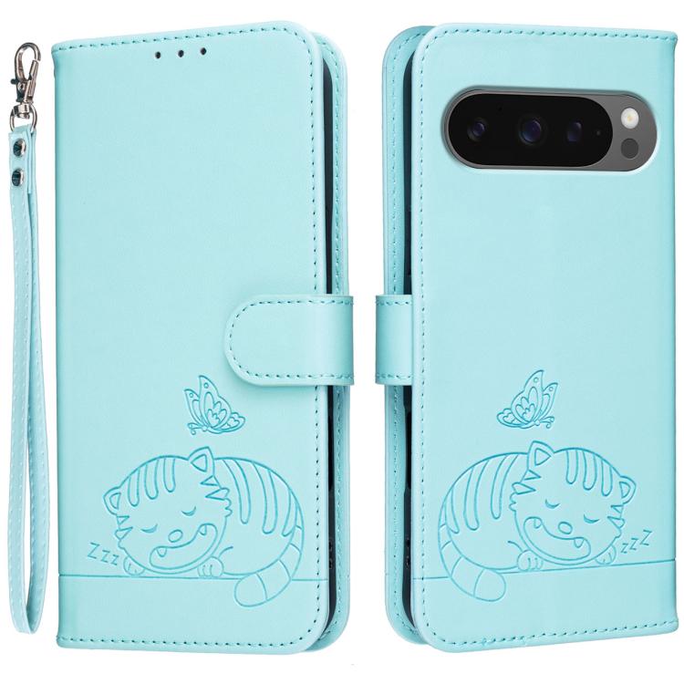 Cat Butterfly Embossed RFID Vegan Leather Phone Case with Strap, For Google Pixel 11 Pro XL, For Google Pixel 11 Pro, For Google Pixel 10a, For Google Pixel 10 Pro XL / 9 Pro XL, For Google Pixel 10 / 10 Pro / 9 Pro, For Google Pixel 9a                ...