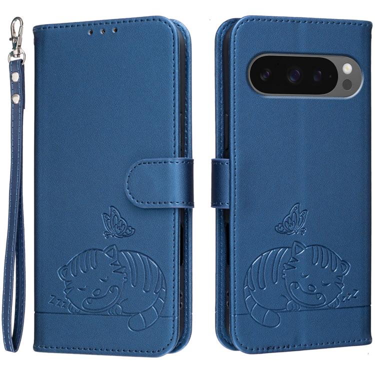 Cat Butterfly Embossed RFID Vegan Leather Phone Case with Strap, For Google Pixel 11 Pro XL, For Google Pixel 11 Pro, For Google Pixel 10a, For Google Pixel 10 Pro XL / 9 Pro XL, For Google Pixel 10 / 10 Pro / 9 Pro, For Google Pixel 9a                ...