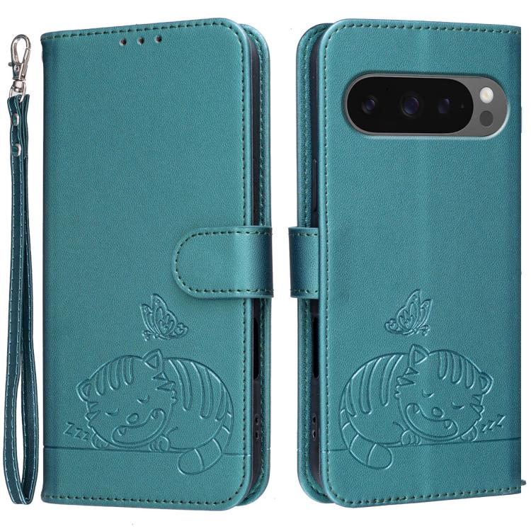 Cat Butterfly Embossed RFID Vegan Leather Phone Case with Strap, For Google Pixel 11 Pro XL, For Google Pixel 11 Pro, For Google Pixel 10a, For Google Pixel 10 Pro XL / 9 Pro XL, For Google Pixel 10 / 10 Pro / 9 Pro, For Google Pixel 9a                ...