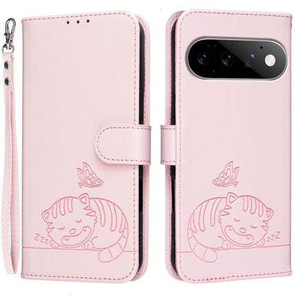 Cat Butterfly Embossed RFID Vegan Leather Phone Case with Strap, For Google Pixel 11 Pro XL, For Google Pixel 11 Pro, For Google Pixel 10a, For Google Pixel 10 Pro XL / 9 Pro XL, For Google Pixel 10 / 10 Pro / 9 Pro, For Google Pixel 9a                ...