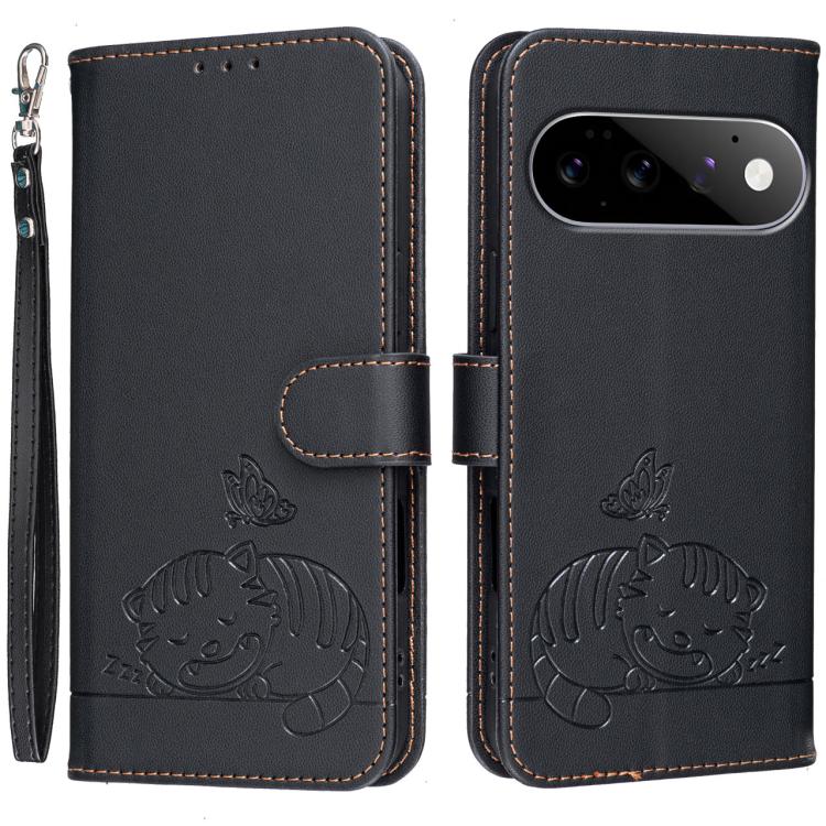 Cat Butterfly Embossed RFID Vegan Leather Phone Case with Strap, For Google Pixel 11 Pro XL, For Google Pixel 11 Pro, For Google Pixel 10a, For Google Pixel 10 Pro XL / 9 Pro XL, For Google Pixel 10 / 10 Pro / 9 Pro, For Google Pixel 9a                ...