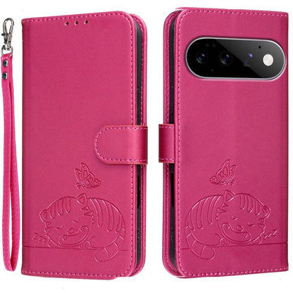 Cat Butterfly Embossed RFID Vegan Leather Phone Case with Strap, For Google Pixel 11 Pro XL, For Google Pixel 11 Pro, For Google Pixel 10a, For Google Pixel 10 Pro XL / 9 Pro XL, For Google Pixel 10 / 10 Pro / 9 Pro, For Google Pixel 9a                ...