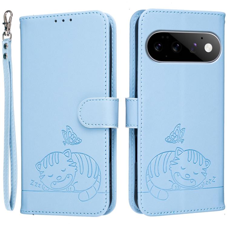 Cat Butterfly Embossed RFID Vegan Leather Phone Case with Strap, For Google Pixel 11 Pro XL, For Google Pixel 11 Pro, For Google Pixel 10a, For Google Pixel 10 Pro XL / 9 Pro XL, For Google Pixel 10 / 10 Pro / 9 Pro, For Google Pixel 9a                ...