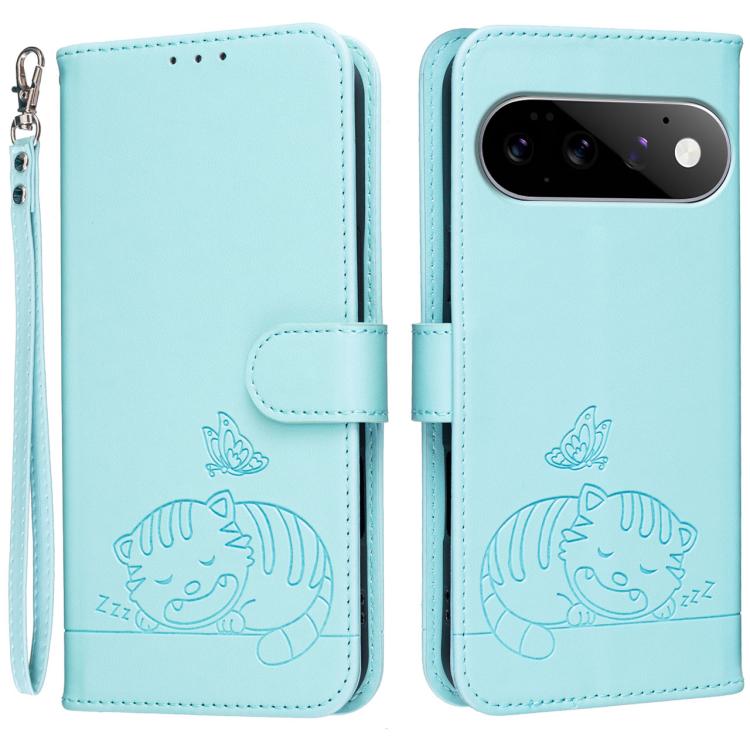 Cat Butterfly Embossed RFID Vegan Leather Phone Case with Strap, For Google Pixel 11 Pro XL, For Google Pixel 11 Pro, For Google Pixel 10a, For Google Pixel 10 Pro XL / 9 Pro XL, For Google Pixel 10 / 10 Pro / 9 Pro, For Google Pixel 9a                ...