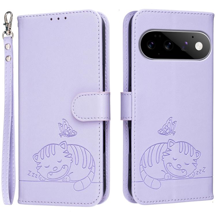 Cat Butterfly Embossed RFID Vegan Leather Phone Case with Strap, For Google Pixel 11 Pro XL, For Google Pixel 11 Pro, For Google Pixel 10a, For Google Pixel 10 Pro XL / 9 Pro XL, For Google Pixel 10 / 10 Pro / 9 Pro, For Google Pixel 9a                ...