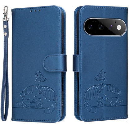 Cat Butterfly Embossed RFID Vegan Leather Phone Case with Strap, For Google Pixel 11 Pro XL, For Google Pixel 11 Pro, For Google Pixel 10a, For Google Pixel 10 Pro XL / 9 Pro XL, For Google Pixel 10 / 10 Pro / 9 Pro, For Google Pixel 9a                ...