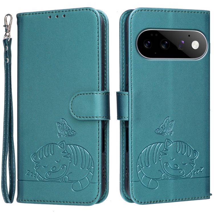 Cat Butterfly Embossed RFID Vegan Leather Phone Case with Strap, For Google Pixel 11 Pro XL, For Google Pixel 11 Pro, For Google Pixel 10a, For Google Pixel 10 Pro XL / 9 Pro XL, For Google Pixel 10 / 10 Pro / 9 Pro, For Google Pixel 9a                ...