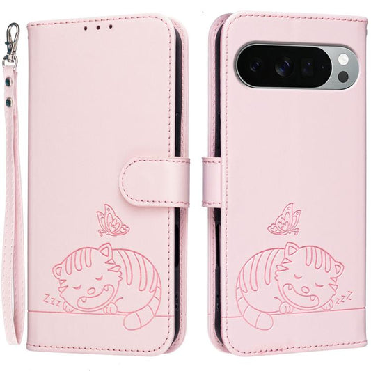 Cat Butterfly Embossed RFID Vegan Leather Phone Case with Strap, For Google Pixel 11 Pro XL, For Google Pixel 11 Pro, For Google Pixel 10a, For Google Pixel 10 Pro XL / 9 Pro XL, For Google Pixel 10 / 10 Pro / 9 Pro, For Google Pixel 9a