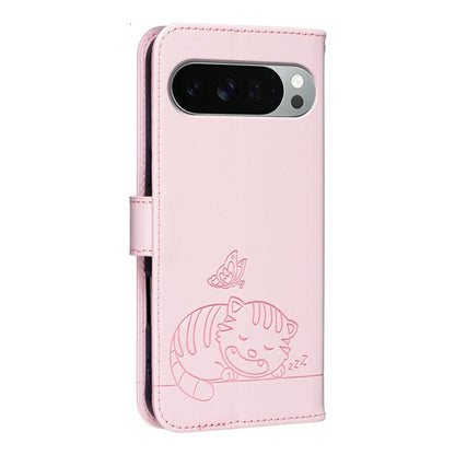 Cat Butterfly Embossed RFID Vegan Leather Phone Case with Strap, For Google Pixel 11 Pro XL, For Google Pixel 11 Pro, For Google Pixel 10a, For Google Pixel 10 Pro XL / 9 Pro XL, For Google Pixel 10 / 10 Pro / 9 Pro, For Google Pixel 9a                ...