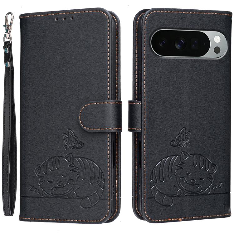 Cat Butterfly Embossed RFID Vegan Leather Phone Case with Strap, For Google Pixel 11 Pro XL, For Google Pixel 11 Pro, For Google Pixel 10a, For Google Pixel 10 Pro XL / 9 Pro XL, For Google Pixel 10 / 10 Pro / 9 Pro, For Google Pixel 9a                ...
