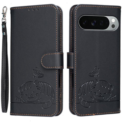 Cat Butterfly Embossed RFID Vegan Leather Phone Case with Strap, For Google Pixel 11 Pro XL, For Google Pixel 11 Pro, For Google Pixel 10a, For Google Pixel 10 Pro XL / 9 Pro XL, For Google Pixel 10 / 10 Pro / 9 Pro, For Google Pixel 9a                ...