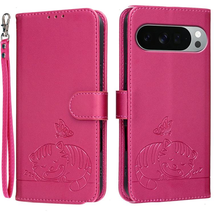 Cat Butterfly Embossed RFID Vegan Leather Phone Case with Strap, For Google Pixel 11 Pro XL, For Google Pixel 11 Pro, For Google Pixel 10a, For Google Pixel 10 Pro XL / 9 Pro XL, For Google Pixel 10 / 10 Pro / 9 Pro, For Google Pixel 9a                ...