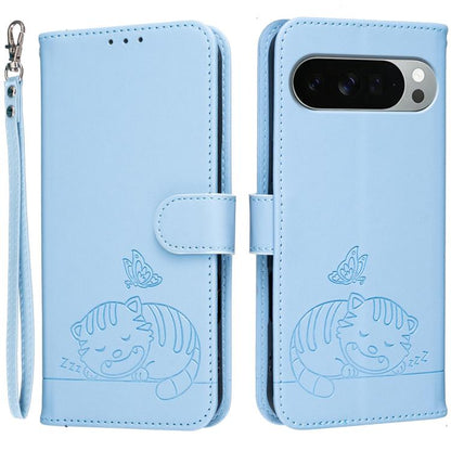 Cat Butterfly Embossed RFID Vegan Leather Phone Case with Strap, For Google Pixel 11 Pro XL, For Google Pixel 11 Pro, For Google Pixel 10a, For Google Pixel 10 Pro XL / 9 Pro XL, For Google Pixel 10 / 10 Pro / 9 Pro, For Google Pixel 9a                ...