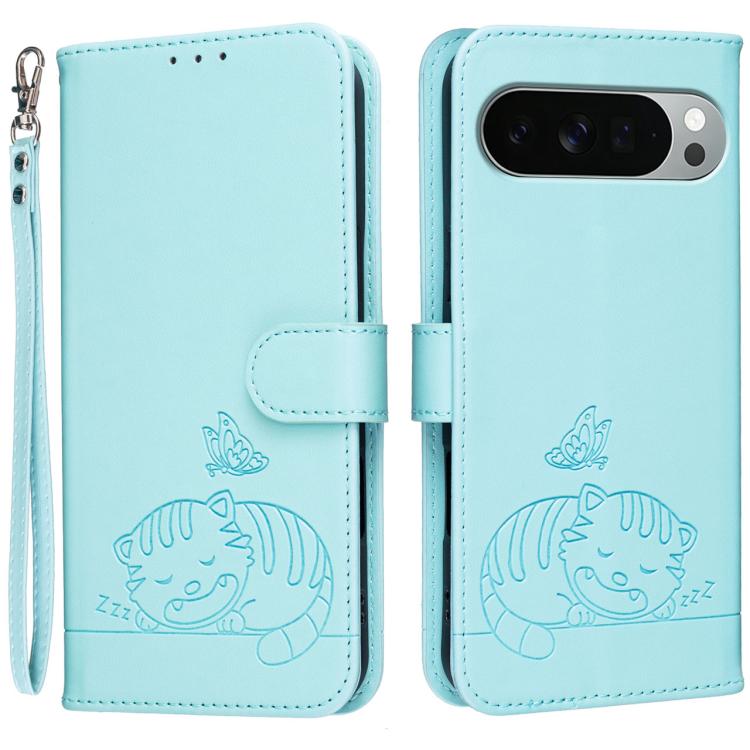 Cat Butterfly Embossed RFID Vegan Leather Phone Case with Strap, For Google Pixel 11 Pro XL, For Google Pixel 11 Pro, For Google Pixel 10a, For Google Pixel 10 Pro XL / 9 Pro XL, For Google Pixel 10 / 10 Pro / 9 Pro, For Google Pixel 9a                ...
