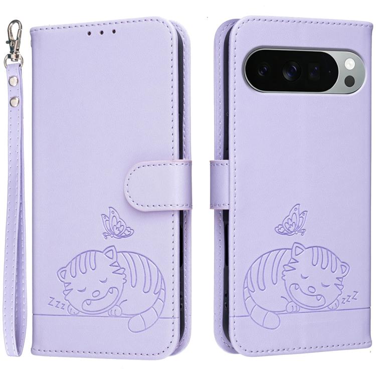 Cat Butterfly Embossed RFID Vegan Leather Phone Case with Strap, For Google Pixel 11 Pro XL, For Google Pixel 11 Pro, For Google Pixel 10a, For Google Pixel 10 Pro XL / 9 Pro XL, For Google Pixel 10 / 10 Pro / 9 Pro, For Google Pixel 9a                ...