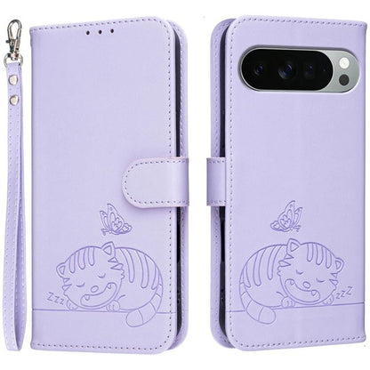 Cat Butterfly Embossed RFID Vegan Leather Phone Case with Strap, For Google Pixel 11 Pro XL, For Google Pixel 11 Pro, For Google Pixel 10a, For Google Pixel 10 Pro XL / 9 Pro XL, For Google Pixel 10 / 10 Pro / 9 Pro, For Google Pixel 9a                ...