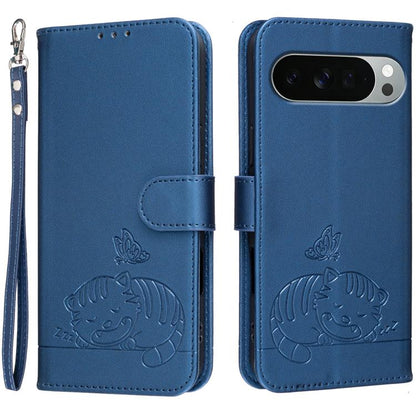 Cat Butterfly Embossed RFID Vegan Leather Phone Case with Strap, For Google Pixel 11 Pro XL, For Google Pixel 11 Pro, For Google Pixel 10a, For Google Pixel 10 Pro XL / 9 Pro XL, For Google Pixel 10 / 10 Pro / 9 Pro, For Google Pixel 9a                ...