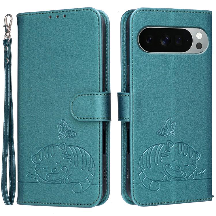 Cat Butterfly Embossed RFID Vegan Leather Phone Case with Strap, For Google Pixel 11 Pro XL, For Google Pixel 11 Pro, For Google Pixel 10a, For Google Pixel 10 Pro XL / 9 Pro XL, For Google Pixel 10 / 10 Pro / 9 Pro, For Google Pixel 9a                ...