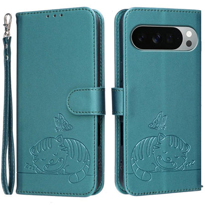 Cat Butterfly Embossed RFID Vegan Leather Phone Case with Strap, For Google Pixel 11 Pro XL, For Google Pixel 11 Pro, For Google Pixel 10a, For Google Pixel 10 Pro XL / 9 Pro XL, For Google Pixel 10 / 10 Pro / 9 Pro, For Google Pixel 9a                ...