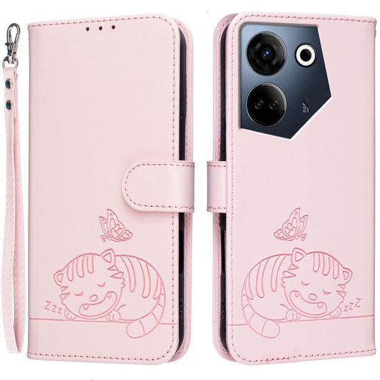 Cat Butterfly Embossed RFID Vegan Leather Phone Case with Strap, For Tecno Camon 20, For Tecno Spark 10 5G, For Tecno Spark 10C, For Tecno Spark Go 2023, For Tecno Spark 10 Pro