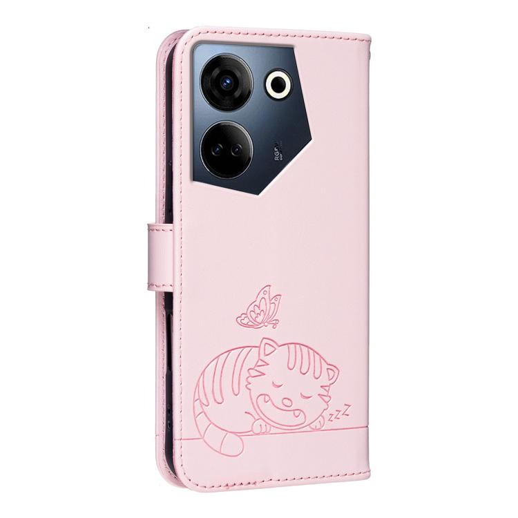Cat Butterfly Embossed RFID Vegan Leather Phone Case with Strap, For Tecno Camon 20, For Tecno Spark 10 5G, For Tecno Spark 10C, For Tecno Spark Go 2023, For Tecno Spark 10 Pro