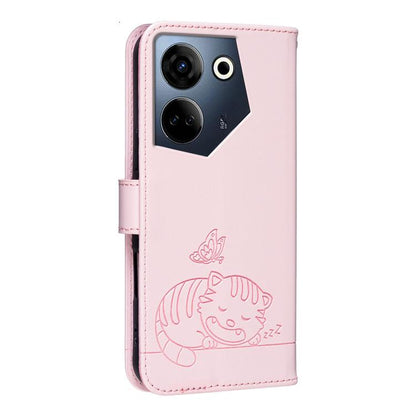 Cat Butterfly Embossed RFID Vegan Leather Phone Case with Strap, For Tecno Camon 20, For Tecno Spark 10 5G, For Tecno Spark 10C, For Tecno Spark Go 2023, For Tecno Spark 10 Pro