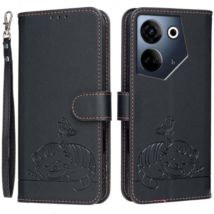 Cat Butterfly Embossed RFID Vegan Leather Phone Case with Strap, For Tecno Camon 20, For Tecno Spark 10 5G, For Tecno Spark 10C, For Tecno Spark Go 2023, For Tecno Spark 10 Pro