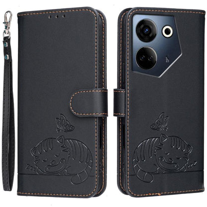 Cat Butterfly Embossed RFID Vegan Leather Phone Case with Strap, For Tecno Camon 20, For Tecno Spark 10 5G, For Tecno Spark 10C, For Tecno Spark Go 2023, For Tecno Spark 10 Pro